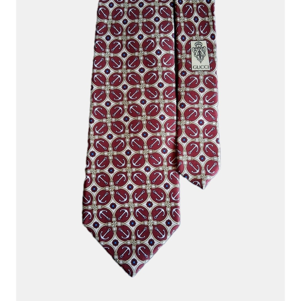 Vintage Gucci Silk Tie Made In Italy Nautical Anchor Pattern Designer Classic - Picture 4 of 8